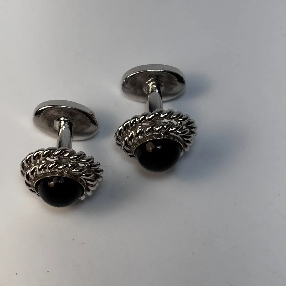 Vintage Cuff Links Silver Tone‎ Black Stone Elegant Mid Century